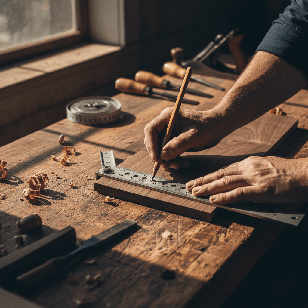 Hands measuring on a fresh wooden beam in morning light