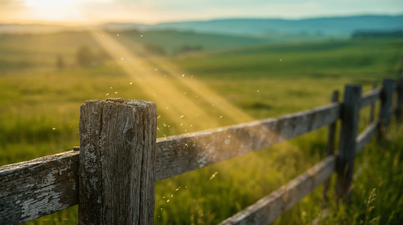 Open Hill Country field at golden hour with wooden fence and rolling hills